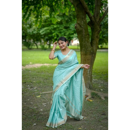 Generic Women's Faux_Banarasi Lining Pattern Saree With Unstitched Blouse 5.5Mtr (Light_Aqua_Blue)