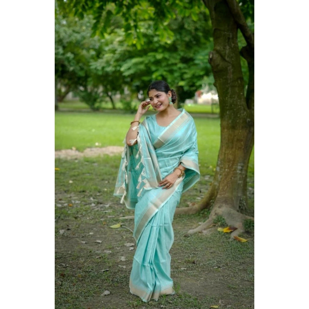 Generic Women's Faux_Banarasi Lining Pattern Saree With Unstitched Blouse 5.5Mtr (Light_Aqua_Blue)