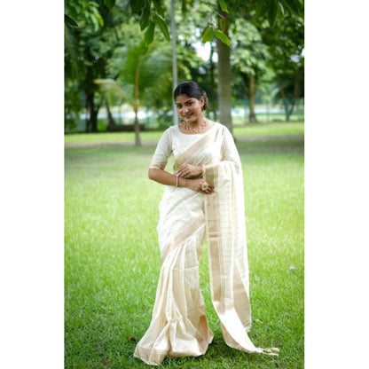 Generic Women's Faux_Banarasi Lining Pattern Saree With Unstitched Blouse 5.5Mtr (Off_White)
