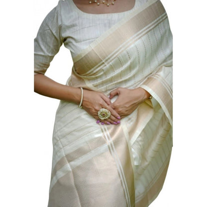 Generic Women's Faux_Banarasi Lining Pattern Saree With Unstitched Blouse 5.5Mtr (Off_White)