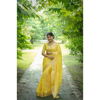 Generic Women's Faux_Banarasi Lining Pattern Saree With Unstitched Blouse 5.5Mtr (Yellow)