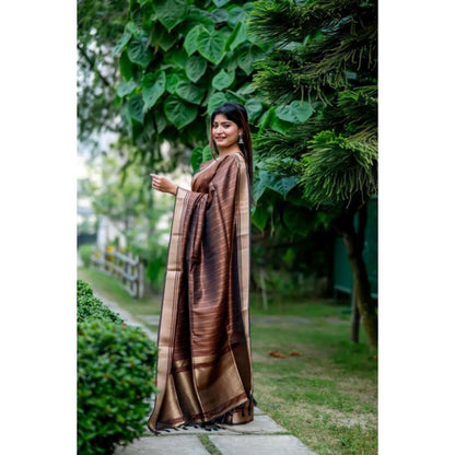 Generic Women's Faux_Banarasi Lining Pattern Saree With Unstitched Blouse 5.5Mtr (Light_Brown)