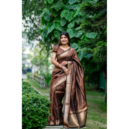 Generic Women's Faux_Banarasi Lining Pattern Saree With Unstitched Blouse 5.5Mtr (Light_Brown)