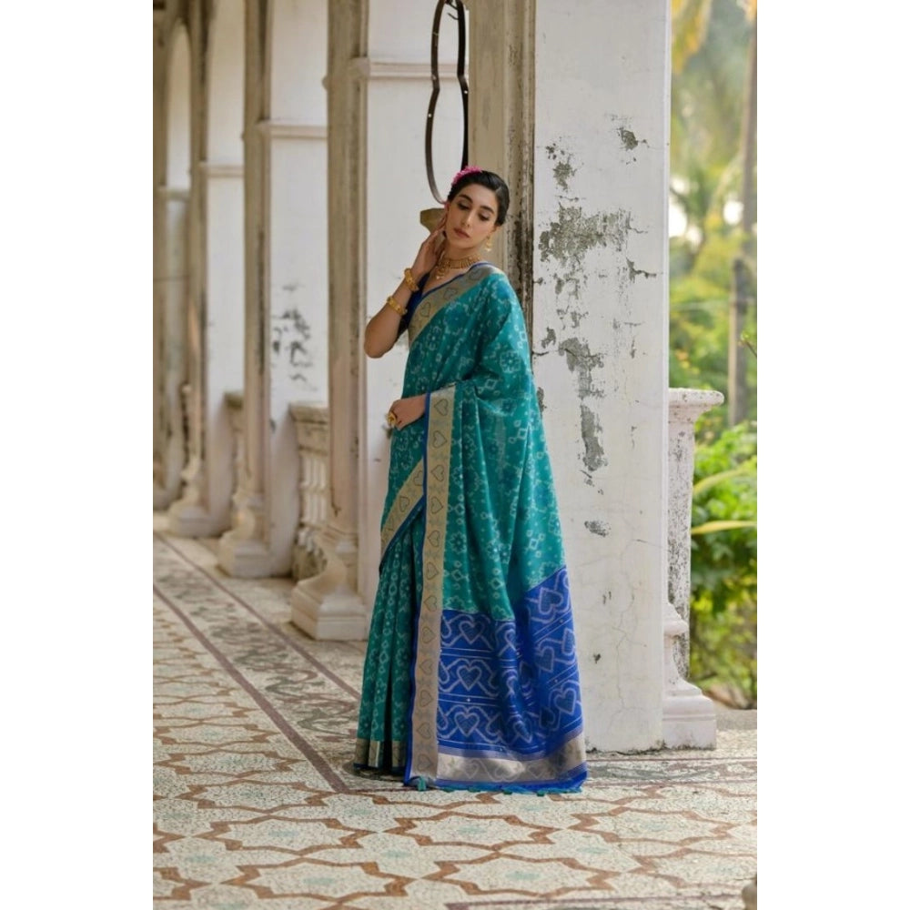 Generic Women's Silk_Blend Ethnic Ikat Pattern Saree With Unstitched Blouse 5.5Mtr (Teal)