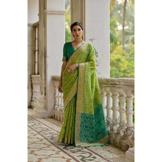 Generic Women's Silk_Blend Ethnic Ikat Pattern Saree With Unstitched Blouse 5.5Mtr (Light_Green)
