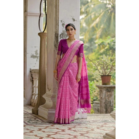 Generic Women's Silk_Blend Ethnic Ikat Pattern Saree With Unstitched Blouse 5.5Mtr (Pink)