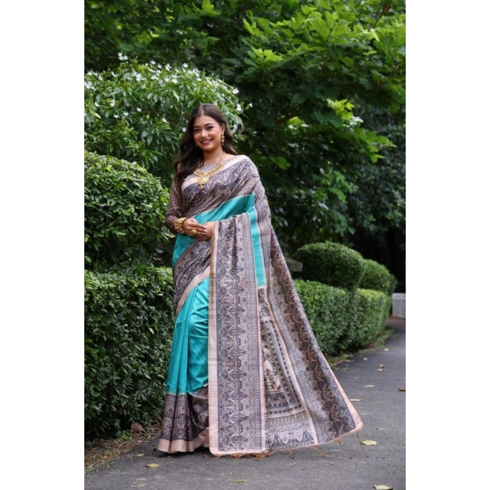 Generic Women's Faux_Tussar Ethnic_Print Saree With Unstitched Blouse 5.5Mtr (Aqua_Blue)