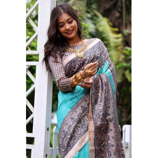 Generic Women's Faux_Tussar Ethnic_Print Saree With Unstitched Blouse 5.5Mtr (Aqua_Blue)