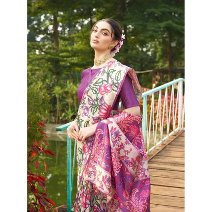 Generic Women's Faux_Tussar Kalamkari_Print Saree With Unstitched Blouse 5.5Mtr (Purple)