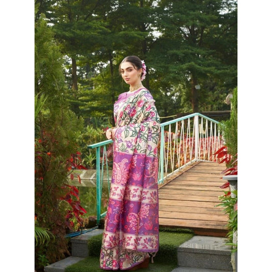Generic Women's Faux_Tussar Kalamkari_Print Saree With Unstitched Blouse 5.5Mtr (Purple)