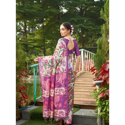 Generic Women's Faux_Tussar Kalamkari_Print Saree With Unstitched Blouse 5.5Mtr (Purple)