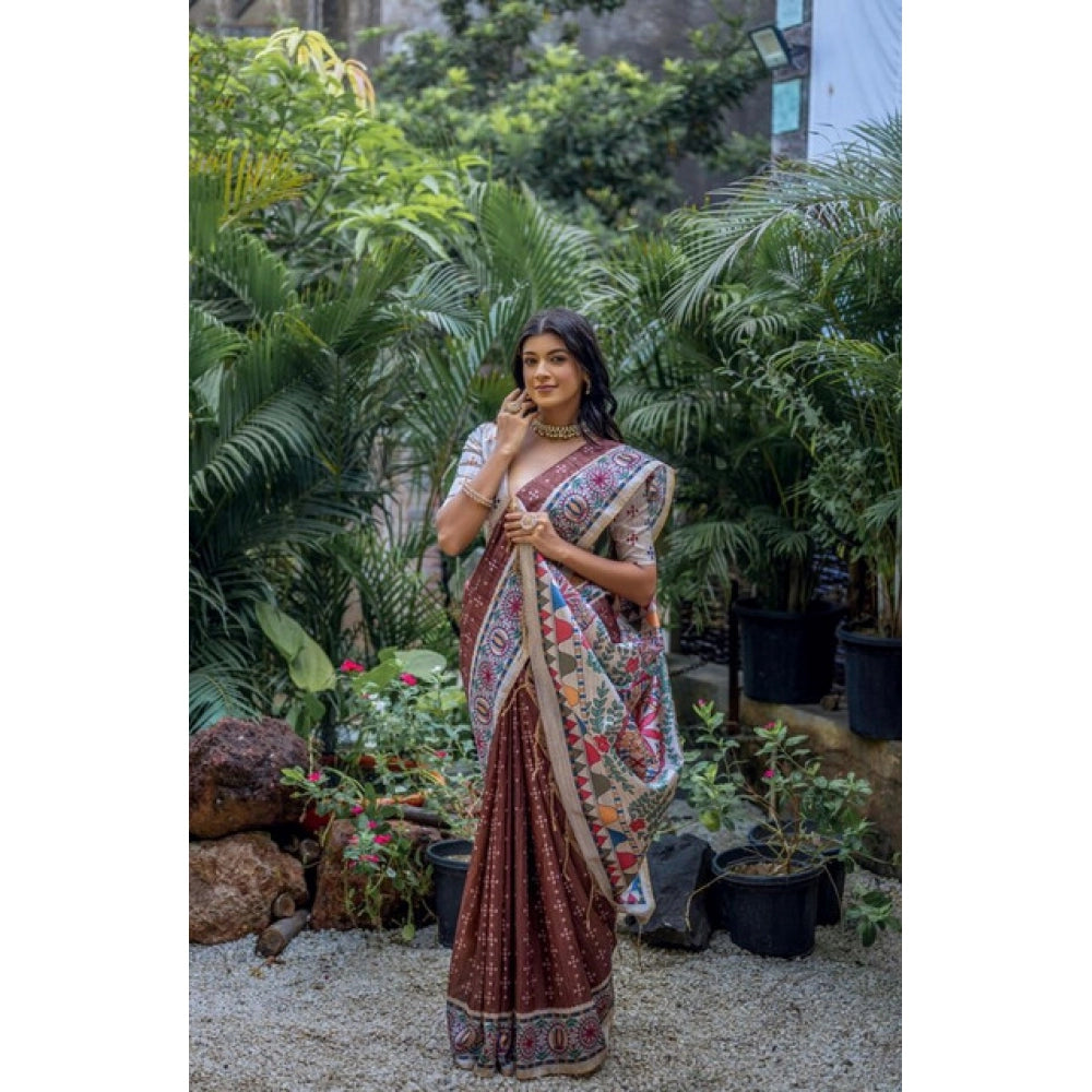 Generic Women's Faux_Tussar Geometric_Print Saree With Unstitched Blouse 5.5Mtr (Coffee)