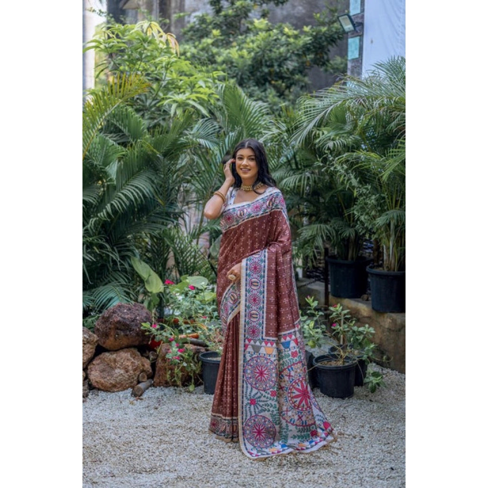 Generic Women's Faux_Tussar Geometric_Print Saree With Unstitched Blouse 5.5Mtr (Coffee)