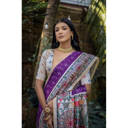Generic Women's Faux_Tussar Geometric_Print Saree With Unstitched Blouse 5.5Mtr (Purple)