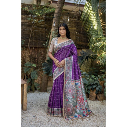 Generic Women's Faux_Tussar Geometric_Print Saree With Unstitched Blouse 5.5Mtr (Purple)