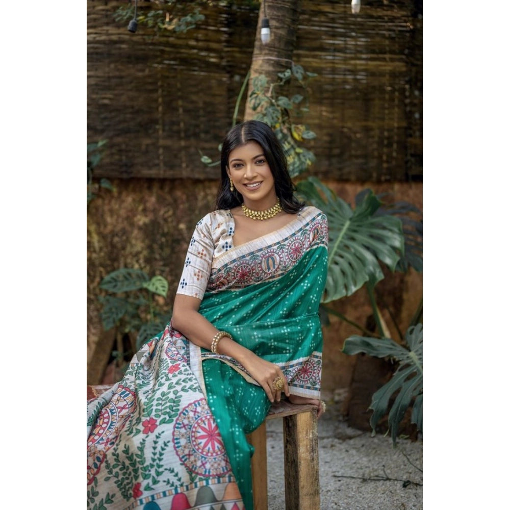 Generic Women's Faux_Tussar Geometric_Print Saree With Unstitched Blouse 5.5Mtr (Rama_Green)