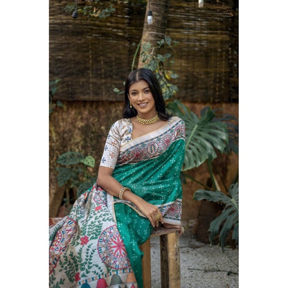 Generic Women's Faux_Tussar Geometric_Print Saree With Unstitched Blouse 5.5Mtr (Rama_Green)