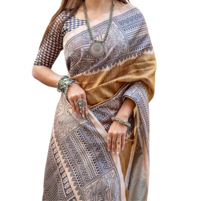 Generic Women's Faux_Tussar Geometric_Print Saree With Unstitched Blouse 5.5Mtr (Mustard)