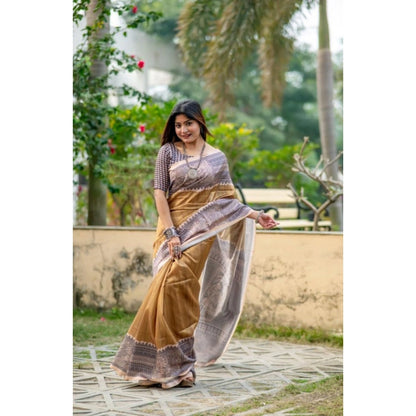 Generic Women's Faux_Tussar Geometric_Print Saree With Unstitched Blouse 5.5Mtr (Mustard)