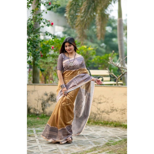Generic Women's Faux_Tussar Geometric_Print Saree With Unstitched Blouse 5.5Mtr (Mustard)