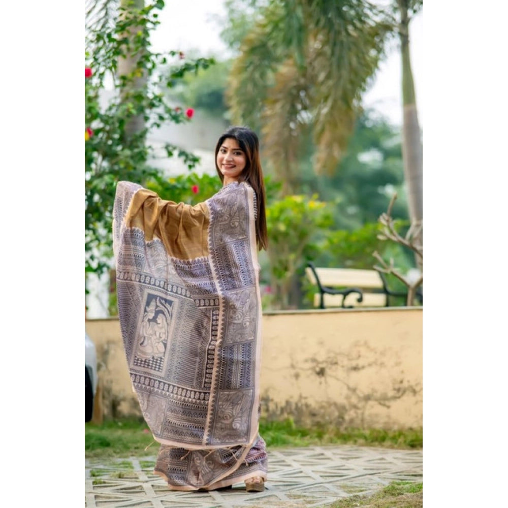 Generic Women's Faux_Tussar Geometric_Print Saree With Unstitched Blouse 5.5Mtr (Mustard)