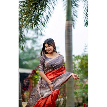 Generic Women's Faux_Tussar Geometric_Print Saree With Unstitched Blouse 5.5Mtr (Orange)