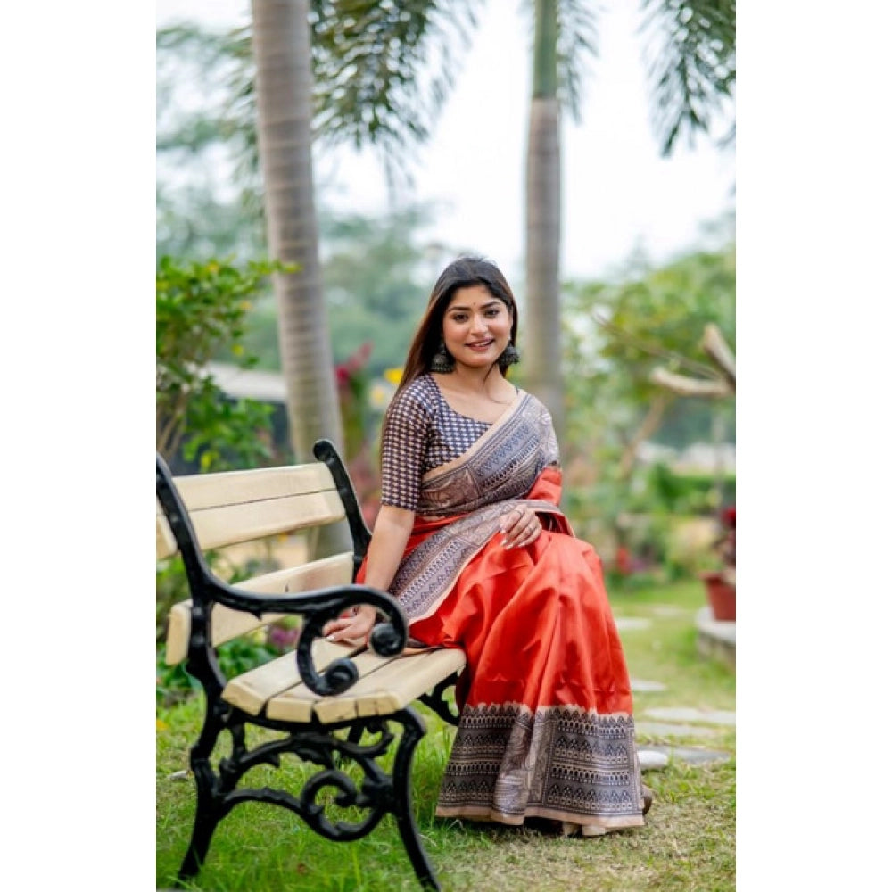 Generic Women's Faux_Tussar Geometric_Print Saree With Unstitched Blouse 5.5Mtr (Orange)