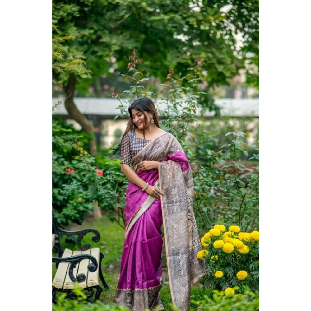 Generic Women's Faux_Tussar Geometric_Print Saree With Unstitched Blouse 5.5Mtr (Purple)
