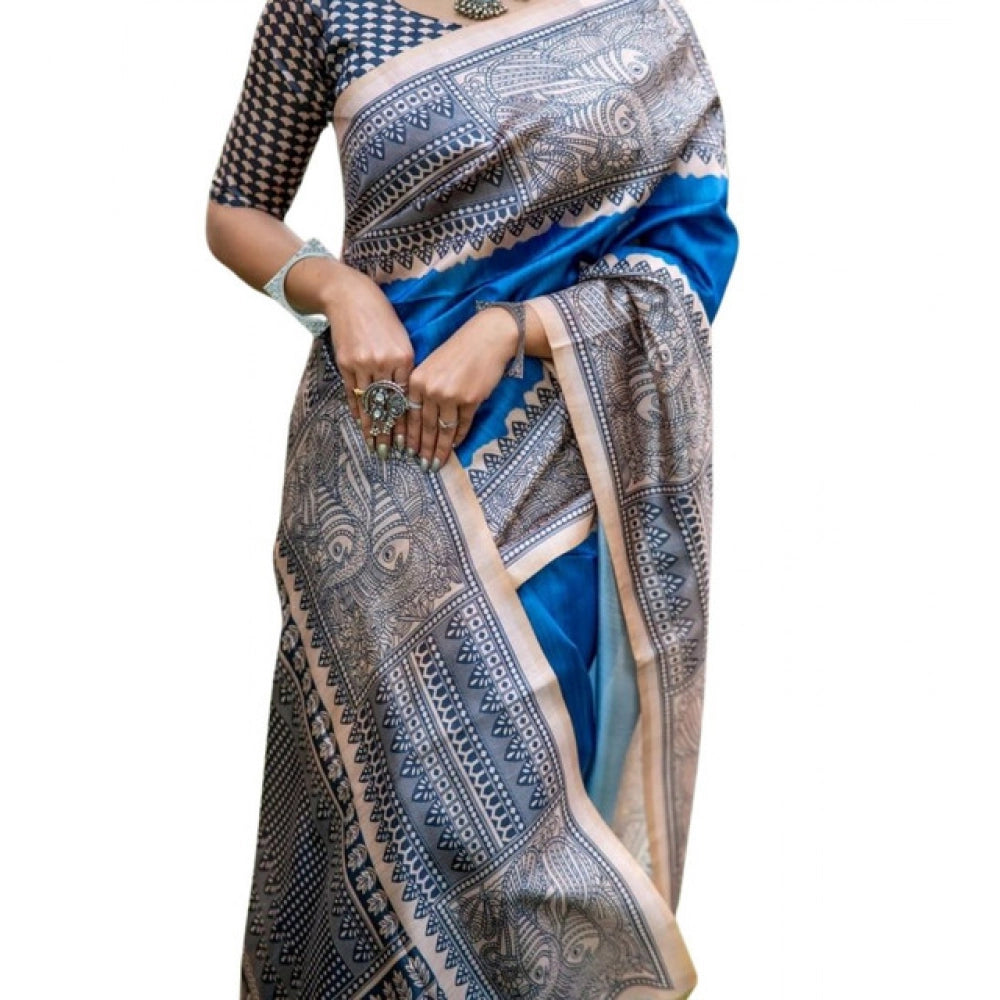 Generic Women's Faux_Tussar Geometric_Print Saree With Unstitched Blouse 5.5Mtr (Royal_Blue)