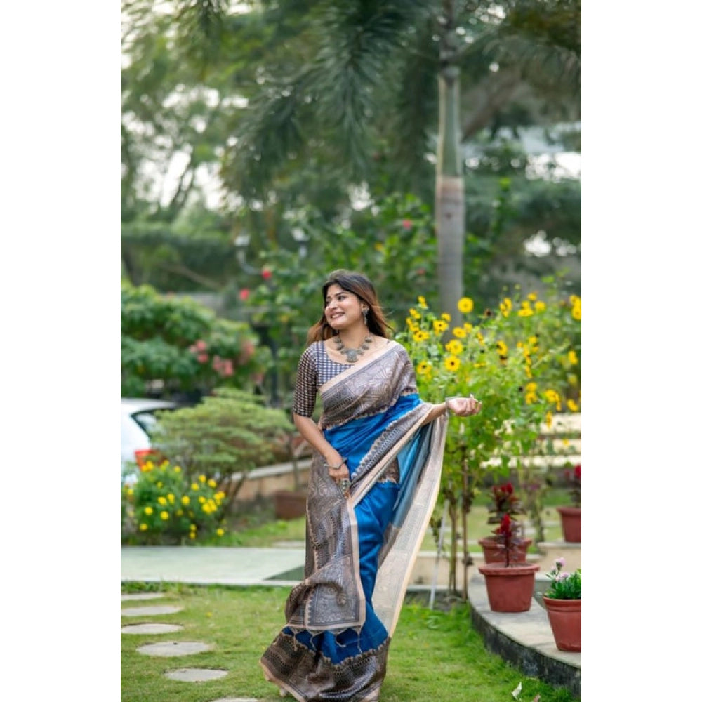 Generic Women's Faux_Tussar Geometric_Print Saree With Unstitched Blouse 5.5Mtr (Royal_Blue)