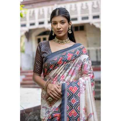 Generic Women's Faux_Tussar Floral Jal With Patola Print Saree With Unstitched Blouse 5.5Mtr (Black)