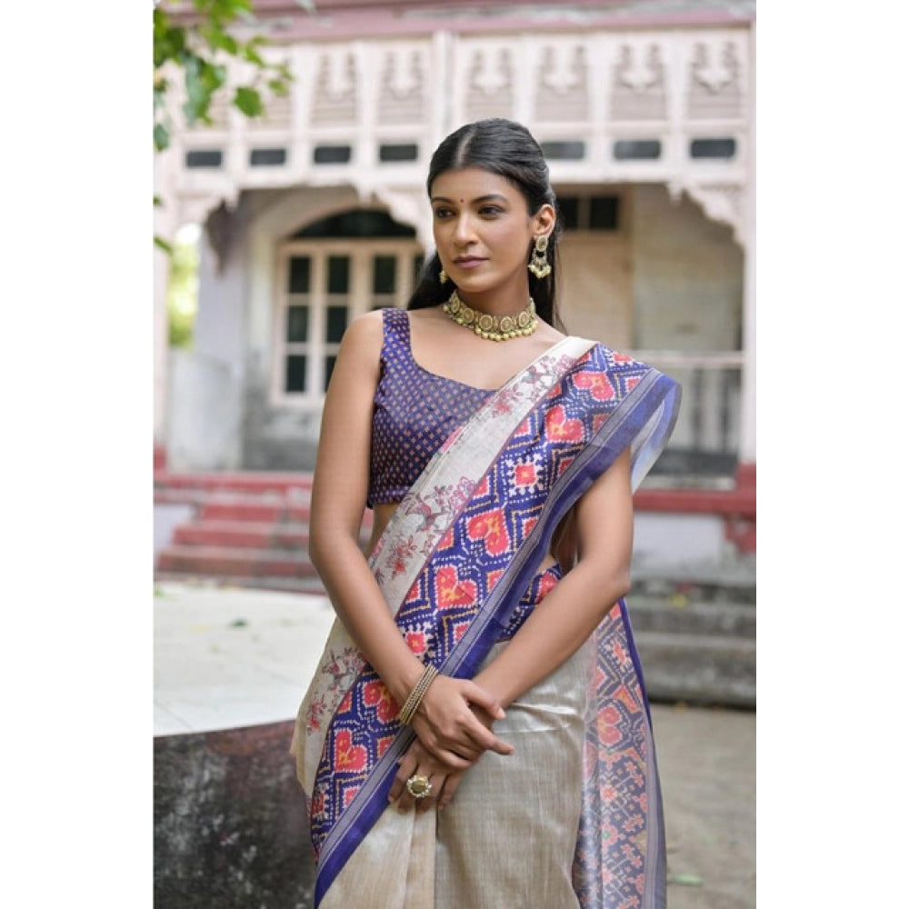 Generic Women's Faux_Tussar Floral Jal With Patola Print Saree With Unstitched Blouse 5.5Mtr (Blue)