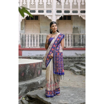Generic Women's Faux_Tussar Floral Jal With Patola Print Saree With Unstitched Blouse 5.5Mtr (Blue)