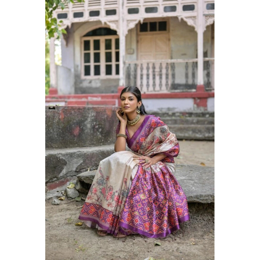 Generic Women's Faux_Tussar Floral Jal With Patola Print Saree With Unstitched Blouse 5.5Mtr (Lavender)
