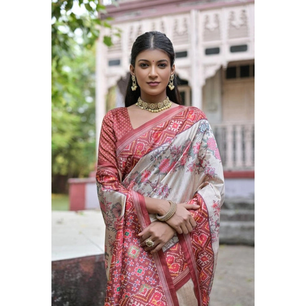 Generic Women's Faux_Tussar Floral Jal With Patola Print Saree With Unstitched Blouse 5.5Mtr (Maroon)