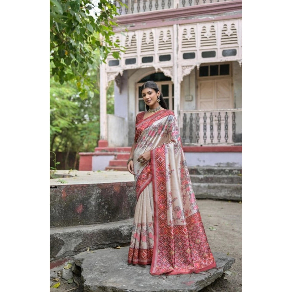 Generic Women's Faux_Tussar Floral Jal With Patola Print Saree With Unstitched Blouse 5.5Mtr (Maroon)