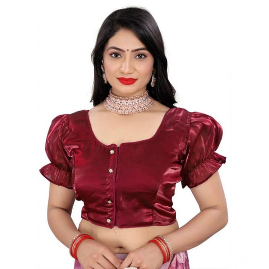 Generic Women's Jimmy Solid Designer Neck Elastic Sleeve Readymade Blouse (Maroon 38 , Alterable up to 42)-PID65831