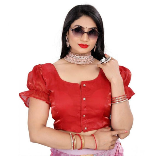 Generic Women's Jimmy Solid Designer Neck Elastic Sleeve Readymade Blouse (Red 38 , Alterable up to 42)-PID65834