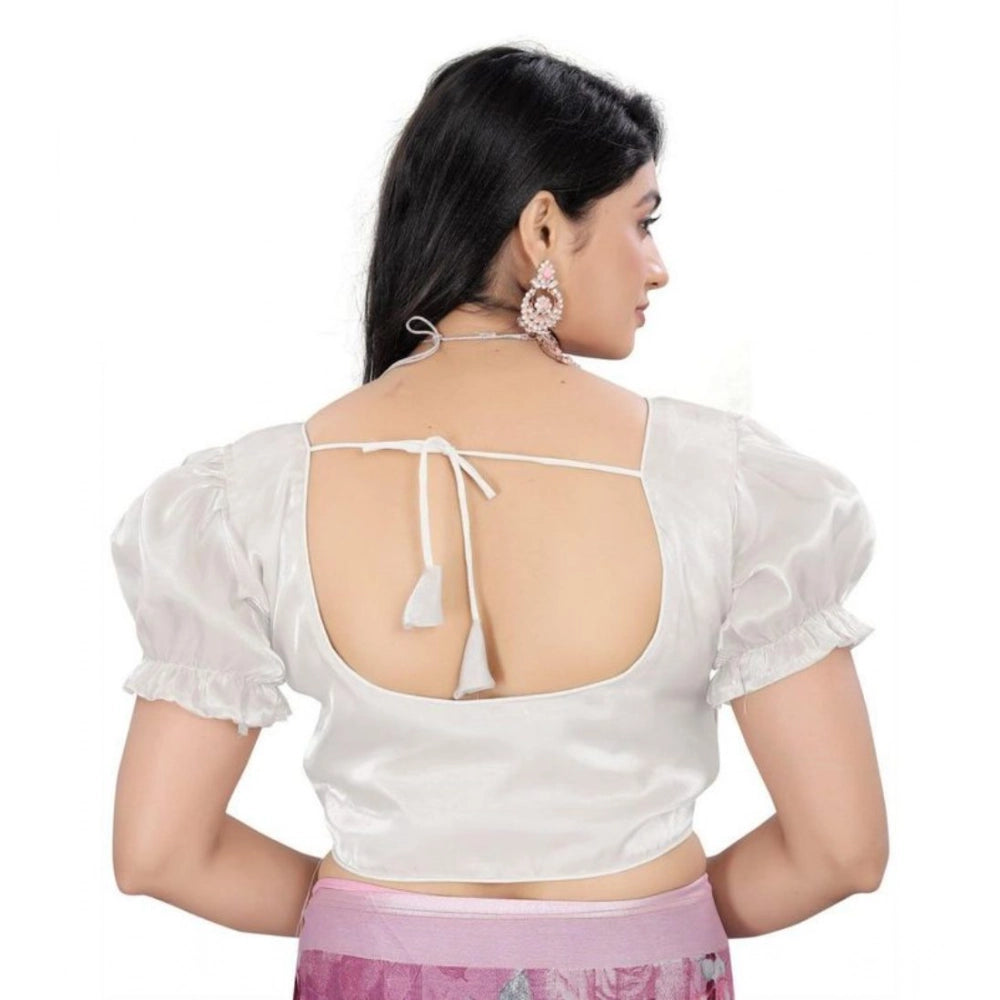 Generic Women's Jimmy Solid Designer Neck Elastic Sleeve Readymade Blouse (White 38 , Alterable up to 42)-PID65836