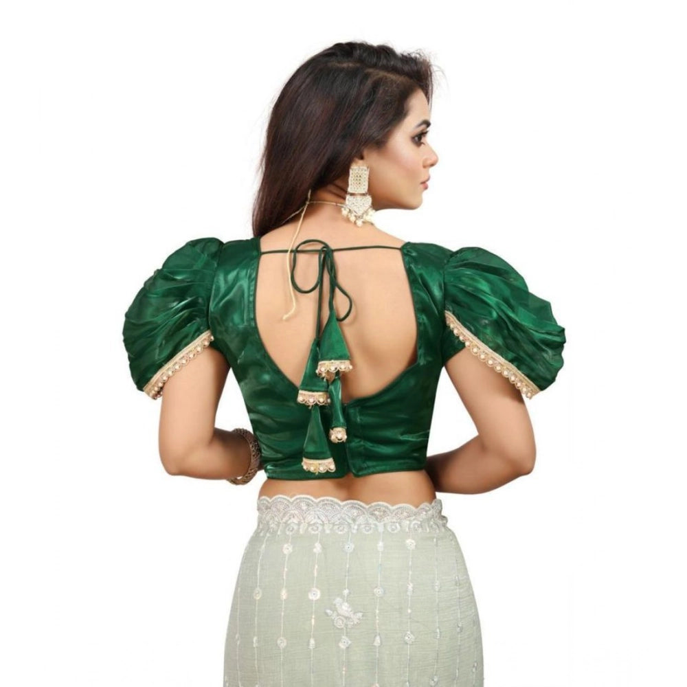 Generic Women's Jimmy Solid V Neck Puff Sleeve Readymade Blouse (Green 38 , Alterable up to 42)-PID65839