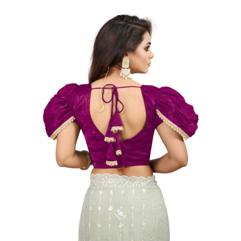 Generic Women's Jimmy Solid V Neck Puff Sleeve Readymade Blouse (Purple 38 , Alterable up to 42)-PID65843