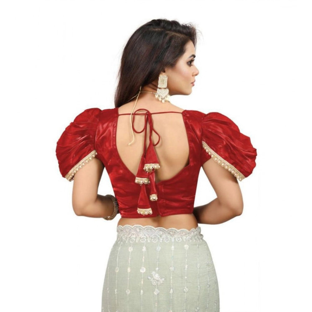 Generic Women's Jimmy Solid V Neck Puff Sleeve Readymade Blouse (Red 38 , Alterable up to 42)-PID65844