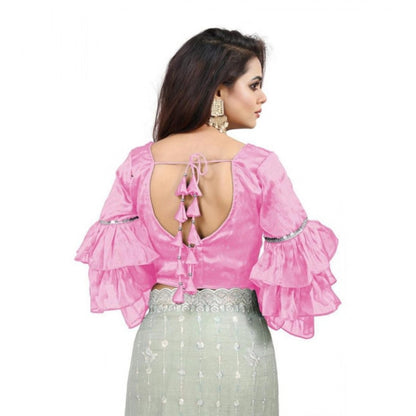 Generic Women's Organza Solid V Neck Layered Ruffle Sleeve Readymade Blouse (Light_Pink Free Size , up to 38–40 Bust)-PID65846