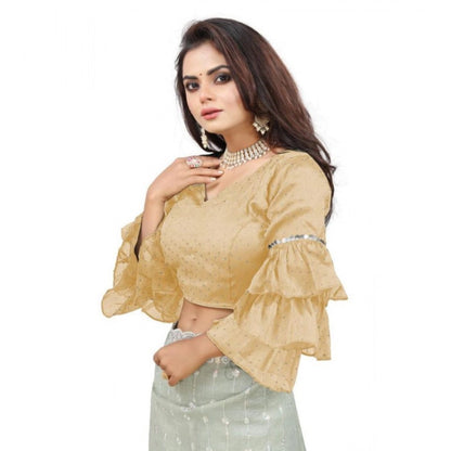Generic Women's Organza Solid V Neck Layered Ruffle Sleeve Readymade Blouse (Beige Free Size , up to 38–40 Bust)-PID65847