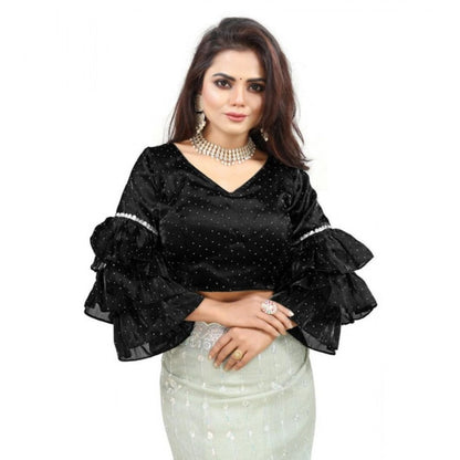 Generic Women's Organza Solid V Neck Layered Ruffle Sleeve Readymade Blouse (Black Free Size , up to 38–40 Bust)-PID65848