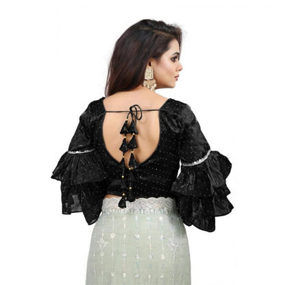 Generic Women's Organza Solid V Neck Layered Ruffle Sleeve Readymade Blouse (Black Free Size , up to 38–40 Bust)-PID65848