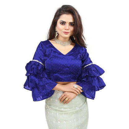 Generic Women's Organza Solid V Neck Layered Ruffle Sleeve Readymade Blouse (Blue Free Size , up to 38–40 Bust)-PID65849