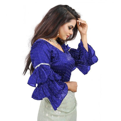 Generic Women's Organza Solid V Neck Layered Ruffle Sleeve Readymade Blouse (Blue Free Size , up to 38–40 Bust)-PID65849