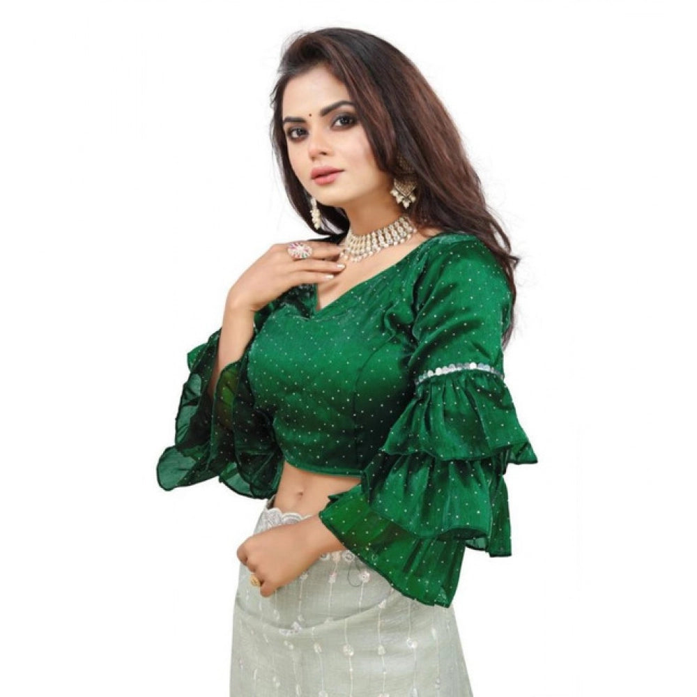 Generic Women's Organza Solid V Neck Layered Ruffle Sleeve Readymade Blouse (Green Free Size , up to 38–40 Bust)-PID65850
