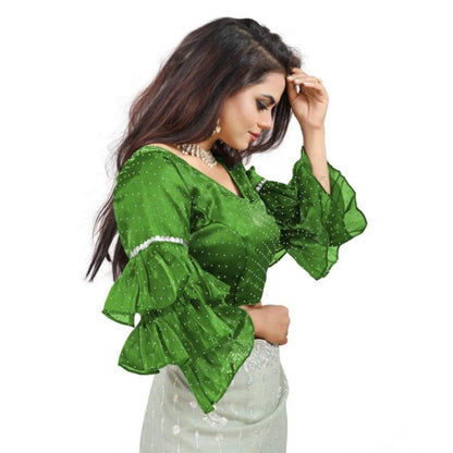 Generic Women's Organza Solid V Neck Layered Ruffle Sleeve Readymade Blouse (Light Green Free Size , up to 38–40 Bust)-PID65852